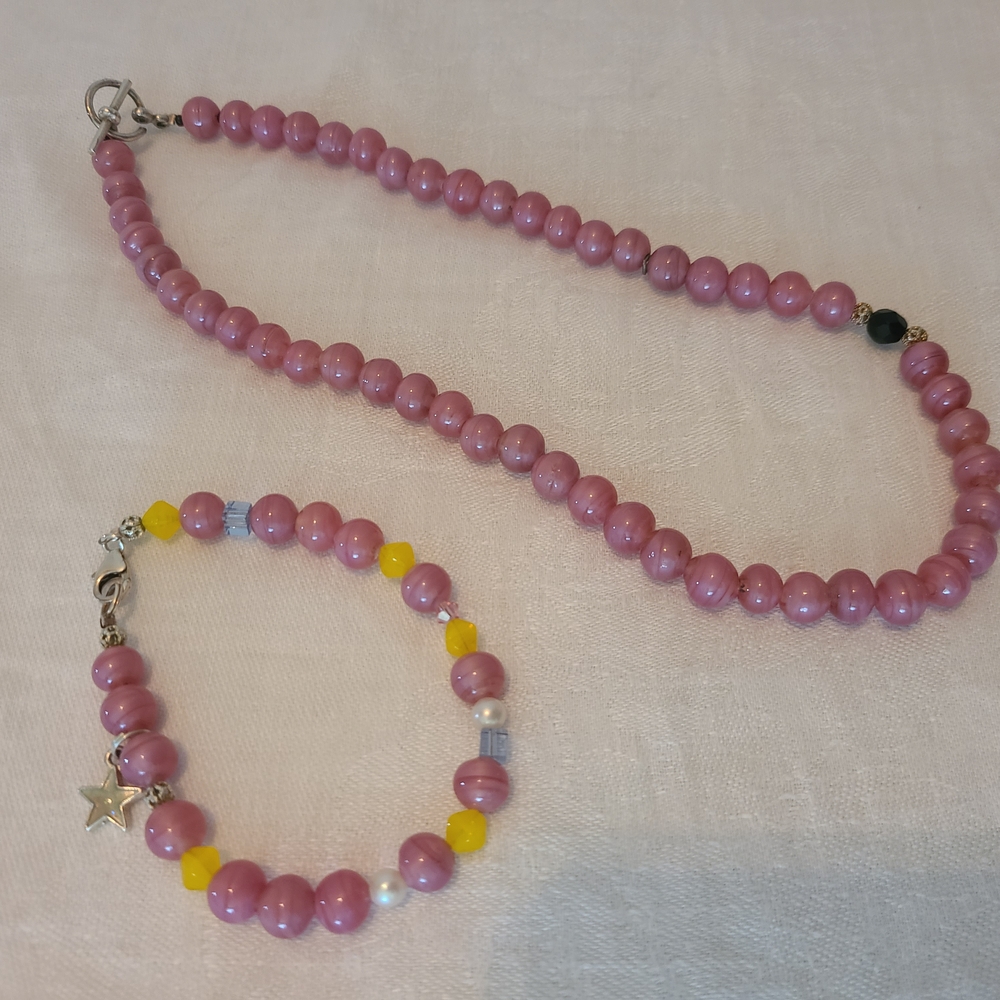 Pink and Yellow Beaded Kids Necklace and Bracelet Set